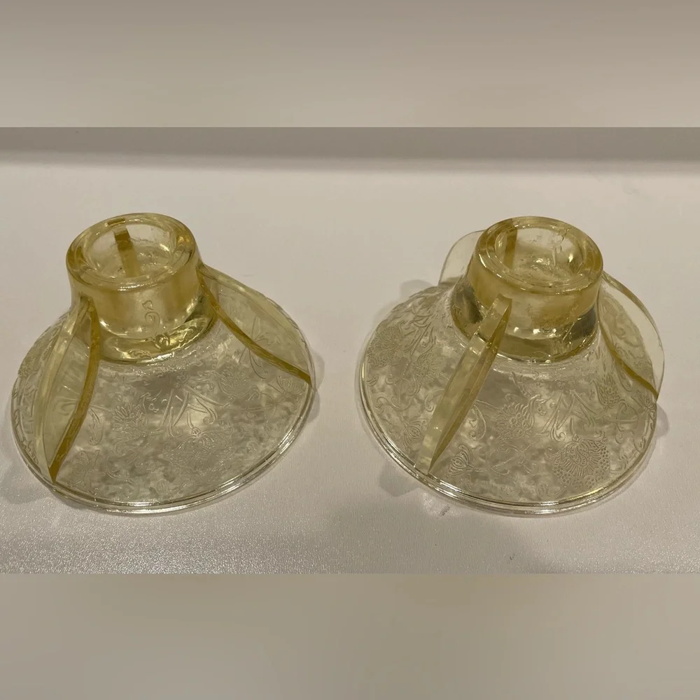 Pair (2) Hazel Atlas Candlestick Holders Yellow “Poppy” Depression Glass | EUC